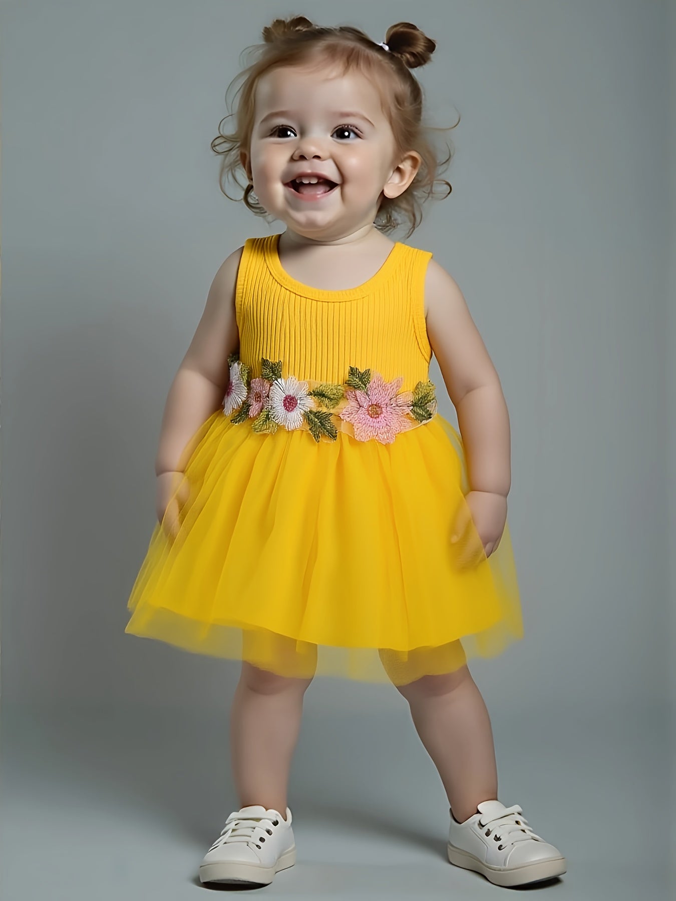 ☀️ Infant & Toddler Girl's Summer Vest Dress: Floral Waist Decor, Round Neck Casual Style