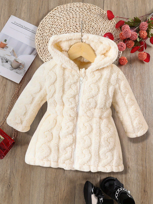 🧥 Girls' Autumn/Winter Solid Color Plush Coat: Zipped Hooded Fur Top with Ribbed Corset Detail - Soft, Comfortable & Warm