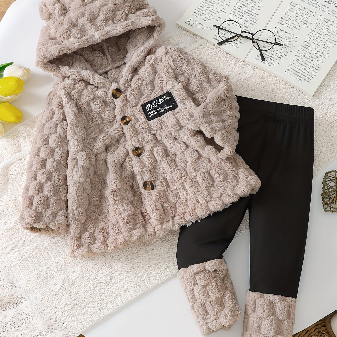 2pc Girls' Jacquard Cardigan & Patchwork Pants Set