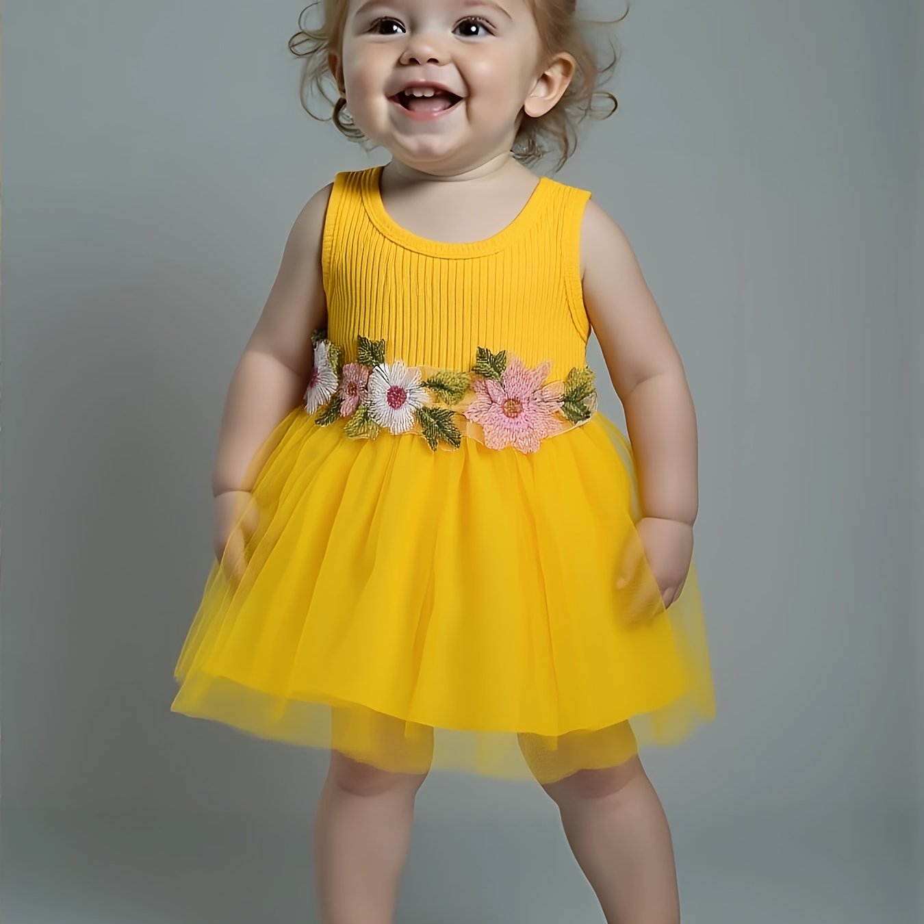 ☀️ Infant & Toddler Girl's Summer Vest Dress: Floral Waist Decor, Round Neck Casual Style