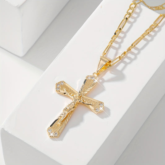 14K Gold Plated Cross Pendant Necklace (Copper Base) - Durable Jesus Christ Medallion for Daily Wear