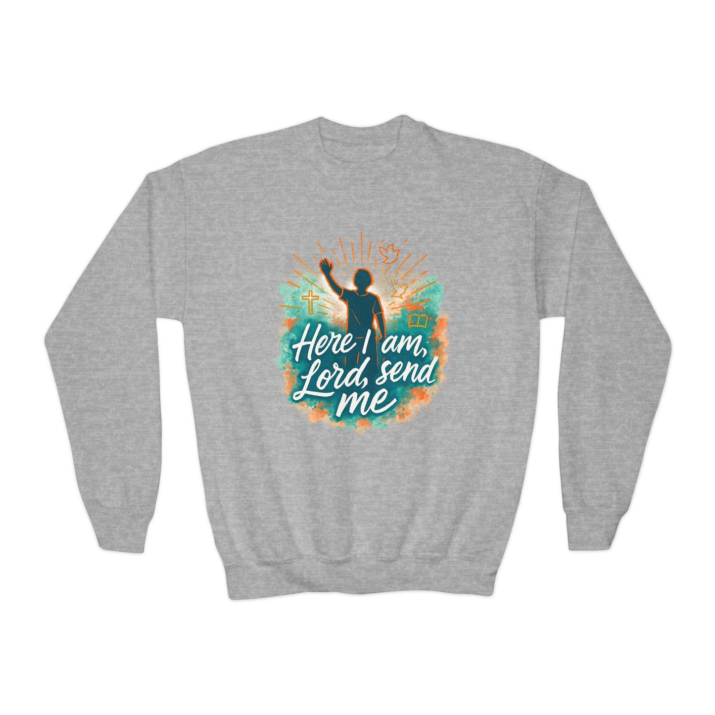 Youth Crewneck Sweatshirt: Here I am Lord Send Me, Christian Apparel, Faith-Based Gift, Religious Youth Wear, Inspirational Sweatshirt