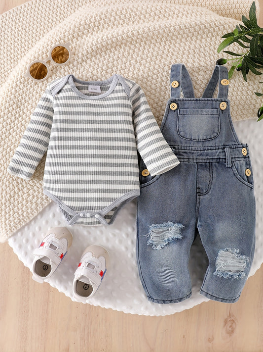 Baby Boy's Ripped Jeans Romper with Long Sleeve Striped Overalls