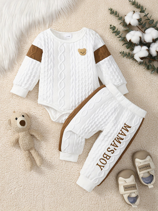 2pc Baby Boy Bear Romper & "Mom'S Boy" Pants Set