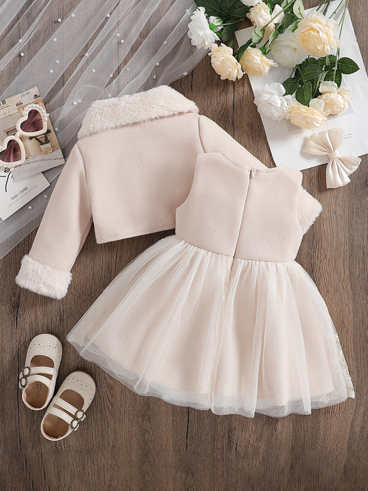 Baby Girl Faux Fur Coat & Mesh Dress Set (2pc)
