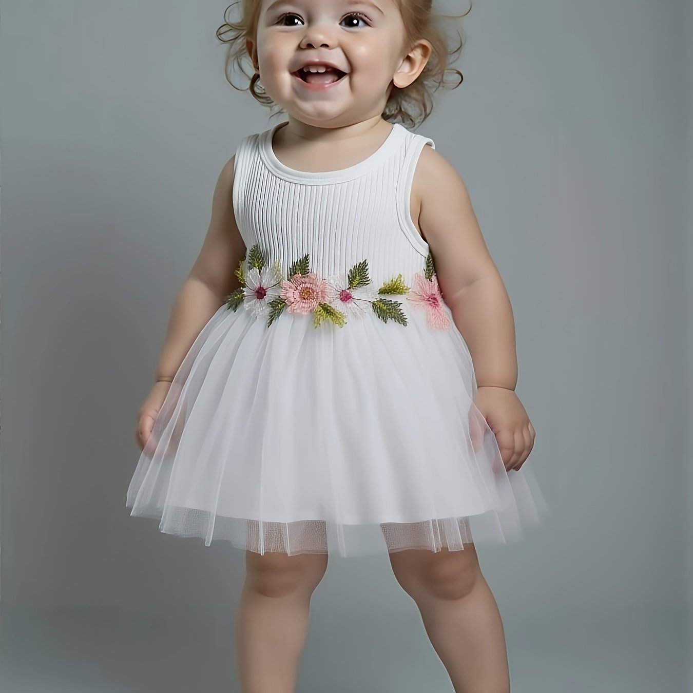 ☀️ Infant & Toddler Girl's Summer Vest Dress: Floral Waist Decor, Round Neck Casual Style