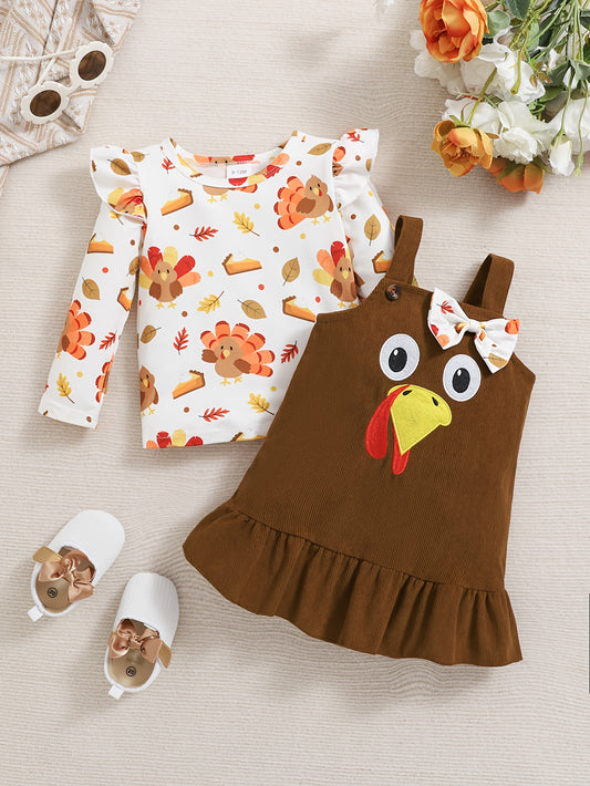 🦃 Baby Girl's 2-Piece Thanksgiving Outfit: Turkey Print Long-Sleeve Crewneck Top & Brown Bowknot Embroidered Pinafore Dress