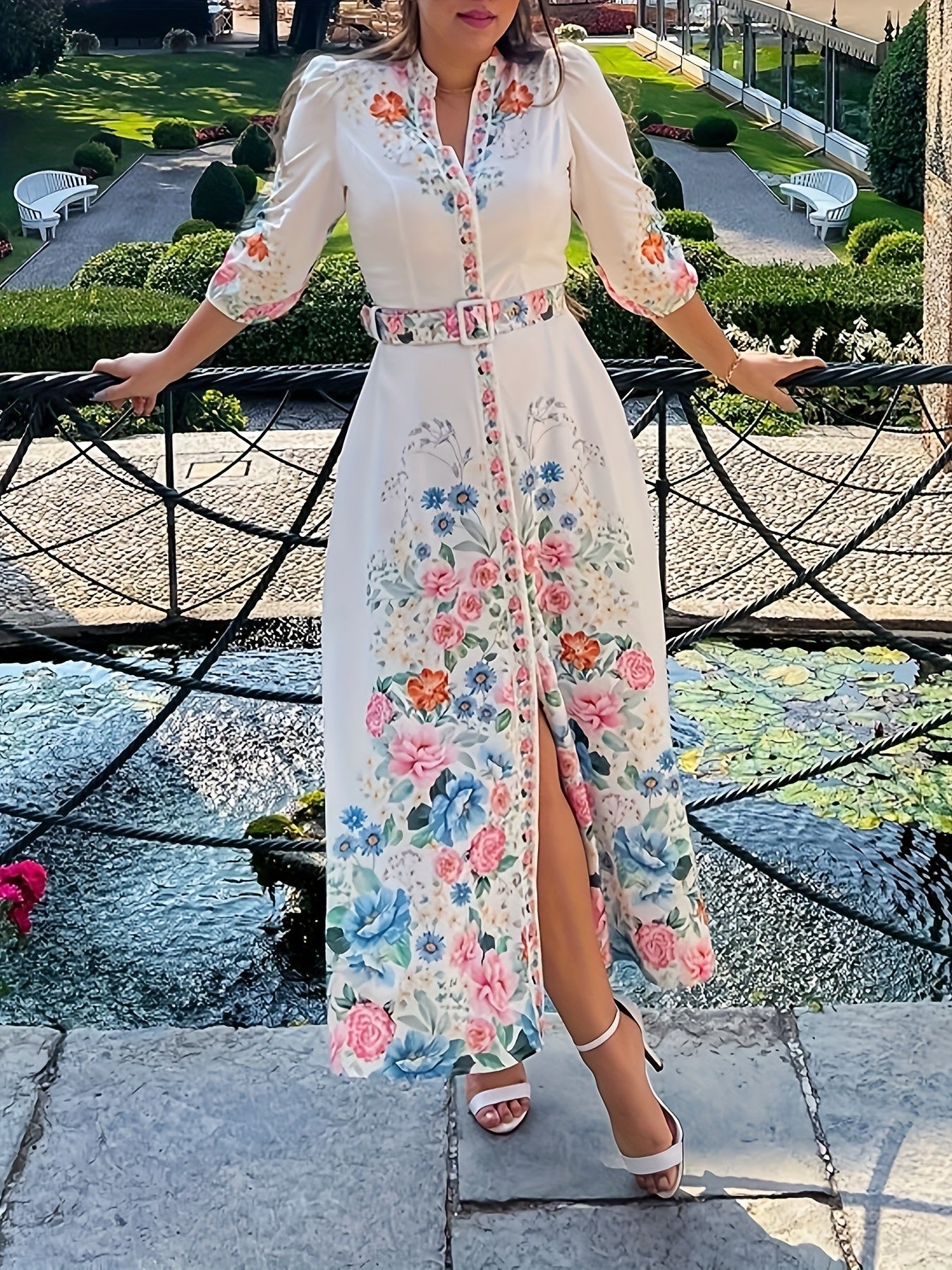 🌸 Elegant Floral Print Midi Dress: Belted Waist, Three-Quarter Sleeves (Lightweight Polyester, Spring/Fall Women's Fashion)