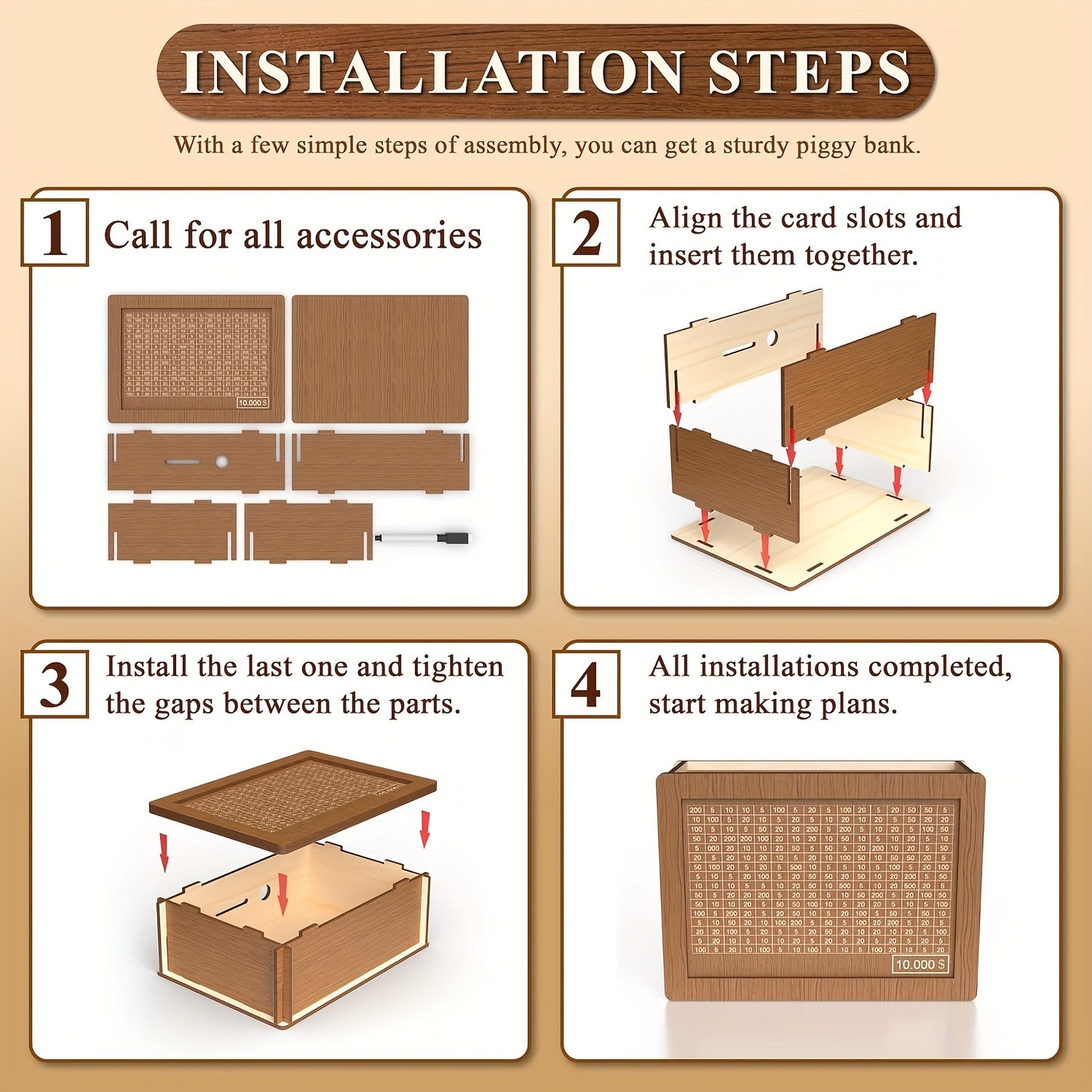 Wooden Savings Box with Money Goal Tracking – Numbered Cash Saver Bank