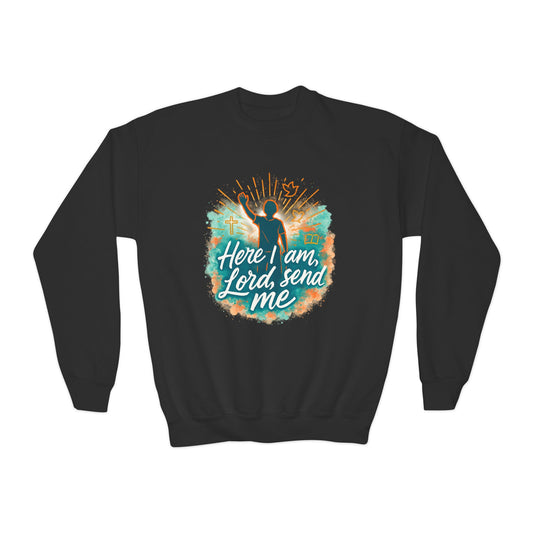 Youth Crewneck Sweatshirt: Here I am Lord Send Me, Christian Apparel, Faith-Based Gift, Religious Youth Wear, Inspirational Sweatshirt