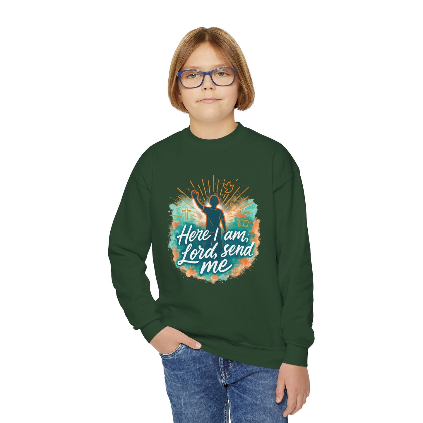 Youth Crewneck Sweatshirt: Here I am Lord Send Me, Christian Apparel, Faith-Based Gift, Religious Youth Wear, Inspirational Sweatshirt