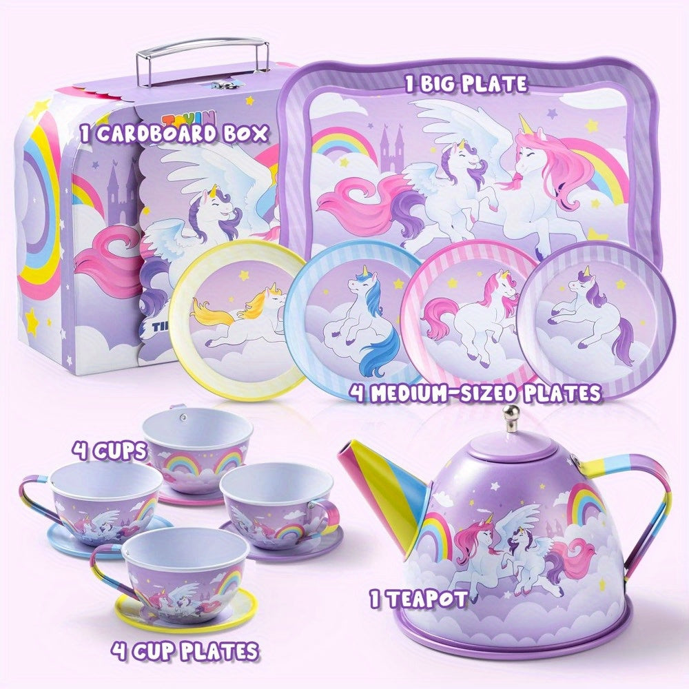 🦄 Unicorn Princess Tea Party Set: Purple Tin Teapot, Cups, and Plates - Pretend Play Kitchen Toys (Perfect Birthday/Christmas Gift for Little Girls)