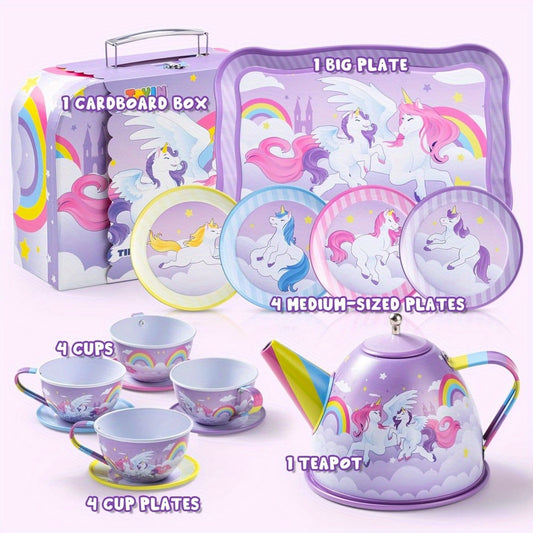 🦄 Unicorn Princess Tea Party Set: Purple Tin Teapot, Cups, and Plates - Pretend Play Kitchen Toys (Perfect Birthday/Christmas Gift for Little Girls)