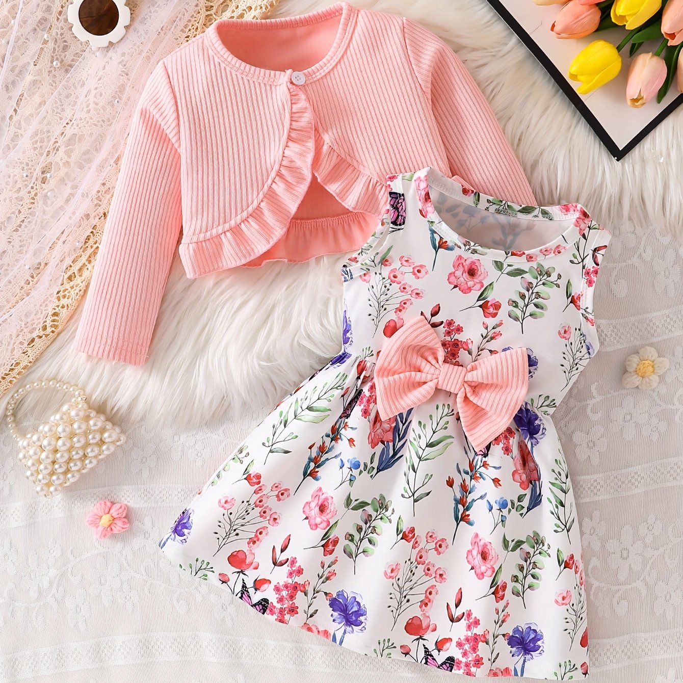 Girls' Elegant Pink Plaid Ruffle Jacket & Butterfly Dress Set