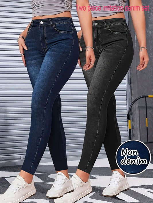 2-Piece Faux Denim Printed Leggings - Slim Fit Stretchy Pants