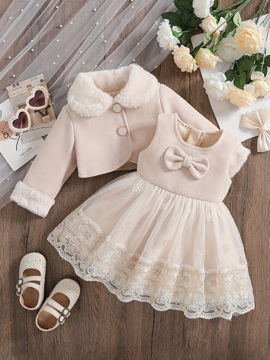 Baby Girl Faux Fur Coat & Mesh Dress Set (2pc)