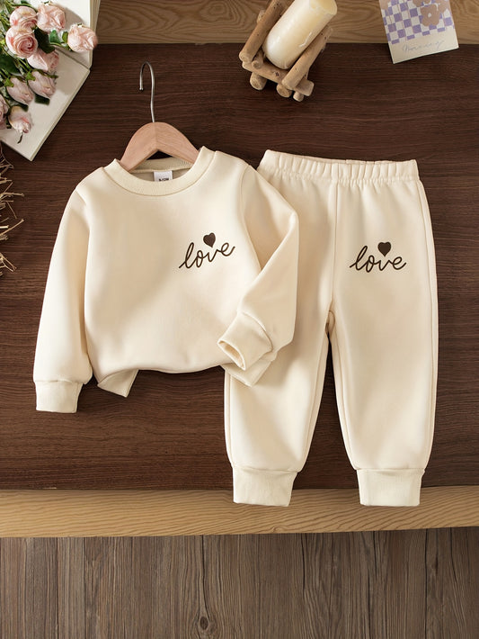 Baby Girl 2pc Heart & Letter Print Outfit – Warm Pullover & Pants Set
