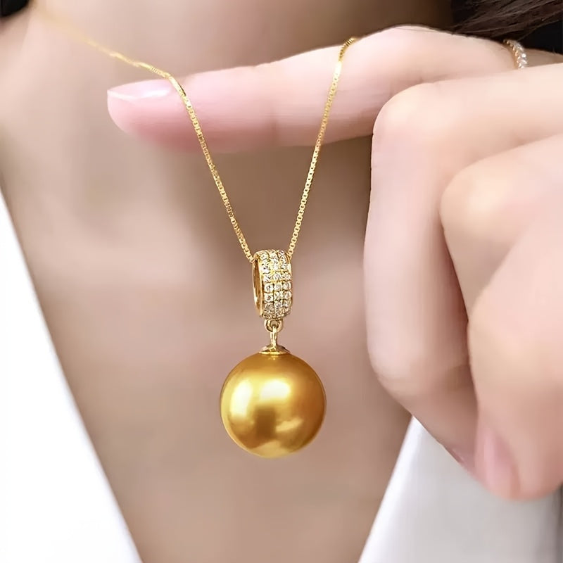 S925 Sterling Silver Gold Plated Necklace with 14mm Saltwater Cultured Golden Pearl Pendant | 18+2 Inch Chain | Women's Fine Jewelry