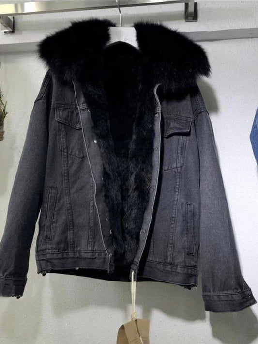 Women's Thickened -Lined Denim Jacket with Detachable Collar & Fringe Trim