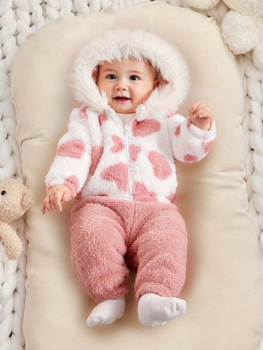 💖 Baby Girl's Warm 2-Piece Winter Set: Plush Heart-Patterned Fleece Hooded Jacket (Fur Zipper Outerwear) & Elastic Waist Warm Pants