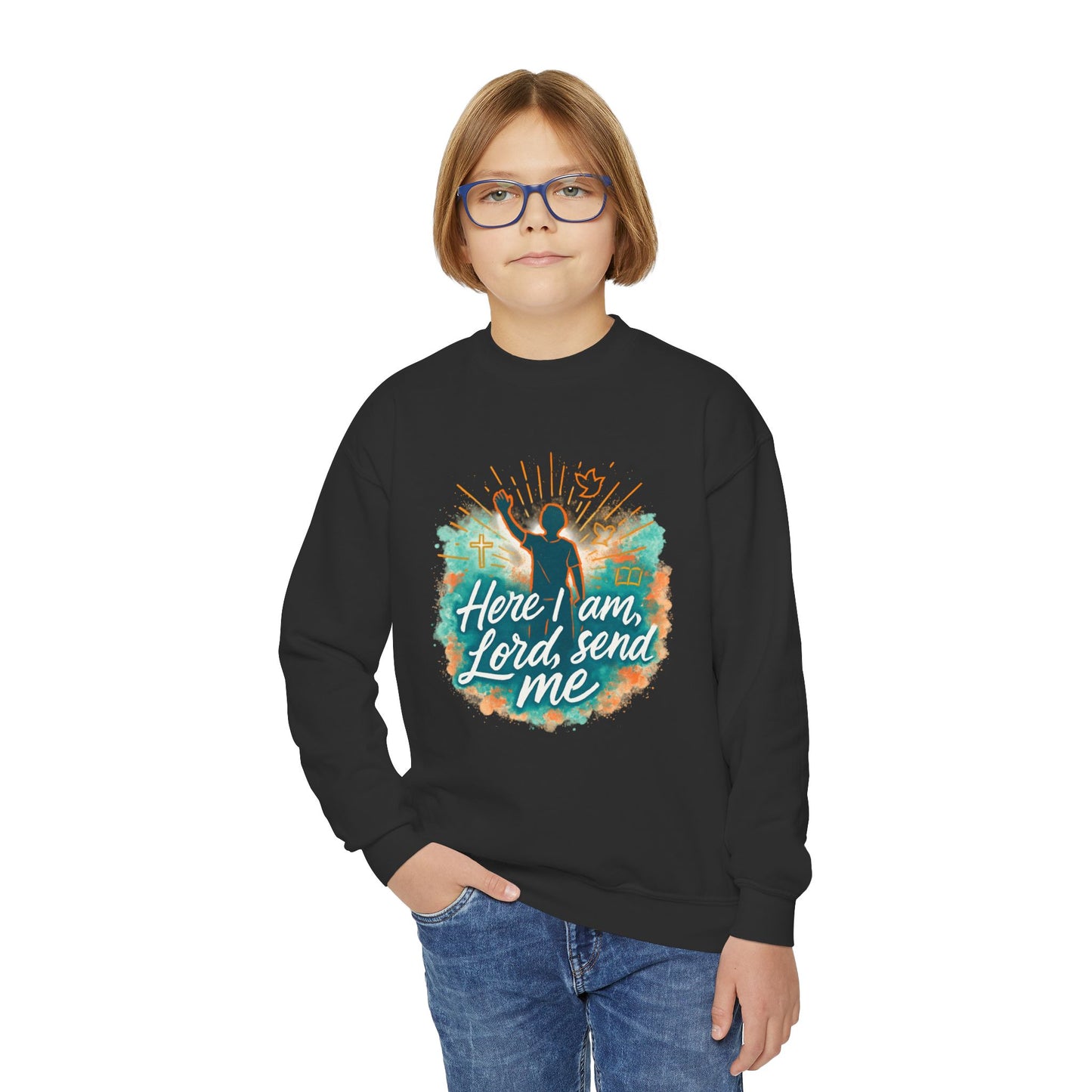 Youth Crewneck Sweatshirt: Here I am Lord Send Me, Christian Apparel, Faith-Based Gift, Religious Youth Wear, Inspirational Sweatshirt