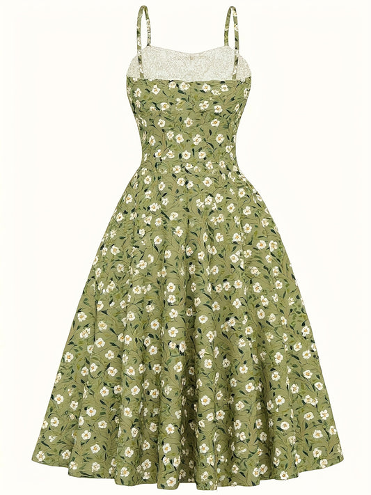 Summer New Floral Camisole Dress with Waist Cinching Over-the-Knee Skirt in Soft Beach Style