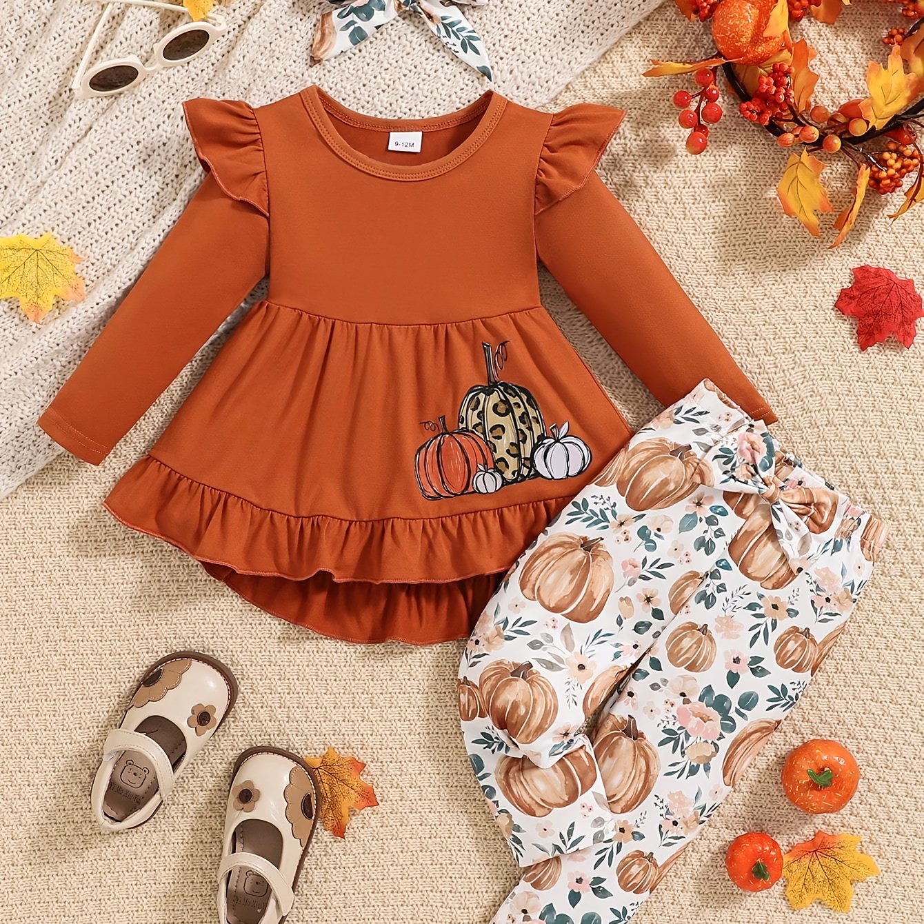 🎃 Baby Girl's 3-Piece Halloween Outfit: Pumpkin Print Long-Sleeve Ruffled Top, Matching Pants & Hair Accessory (Soft Knit, Fall/Winter Casual)