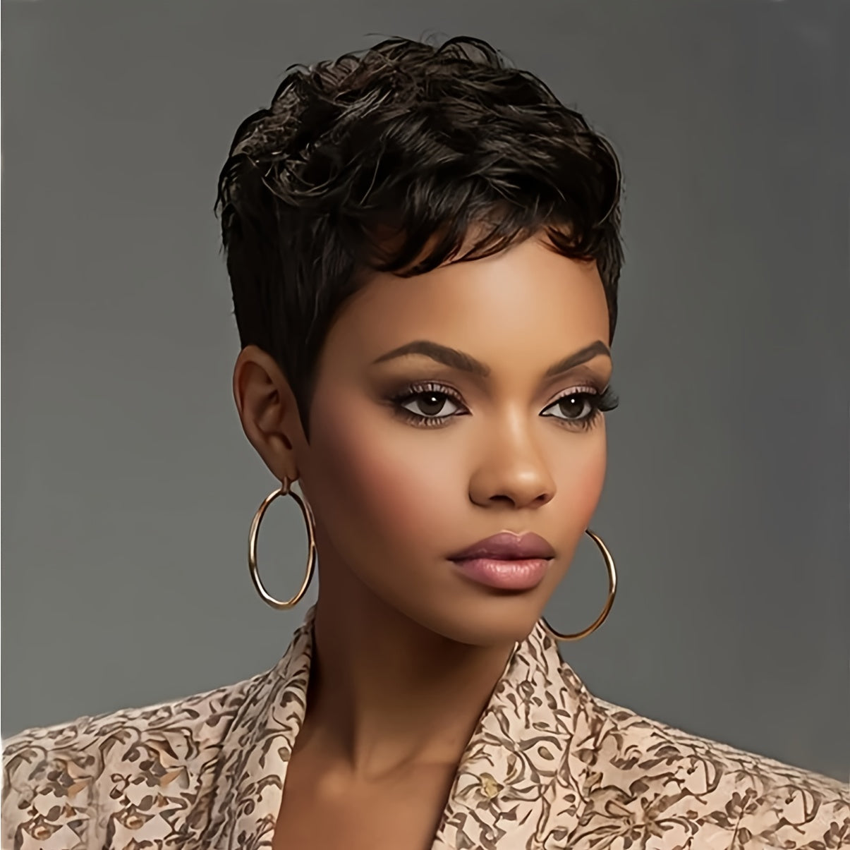 Short Pixie Cut Synthetic Wavy Wig with Bangs (180% Density)