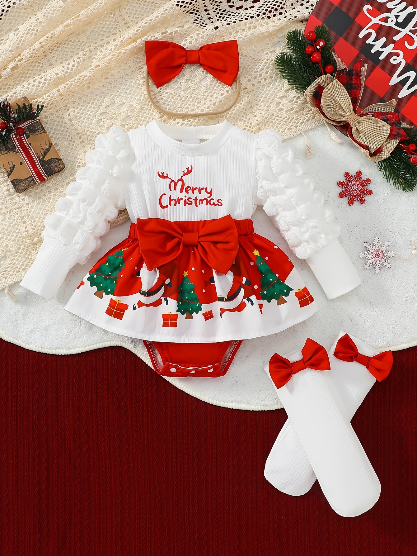 🎄 Christmas Baby Girl's 3-Piece Outfit: Santa Print Romper Dress, Headscarf & Socks Set (Long Sleeve, Round Neck, Lantern Sleeves)
