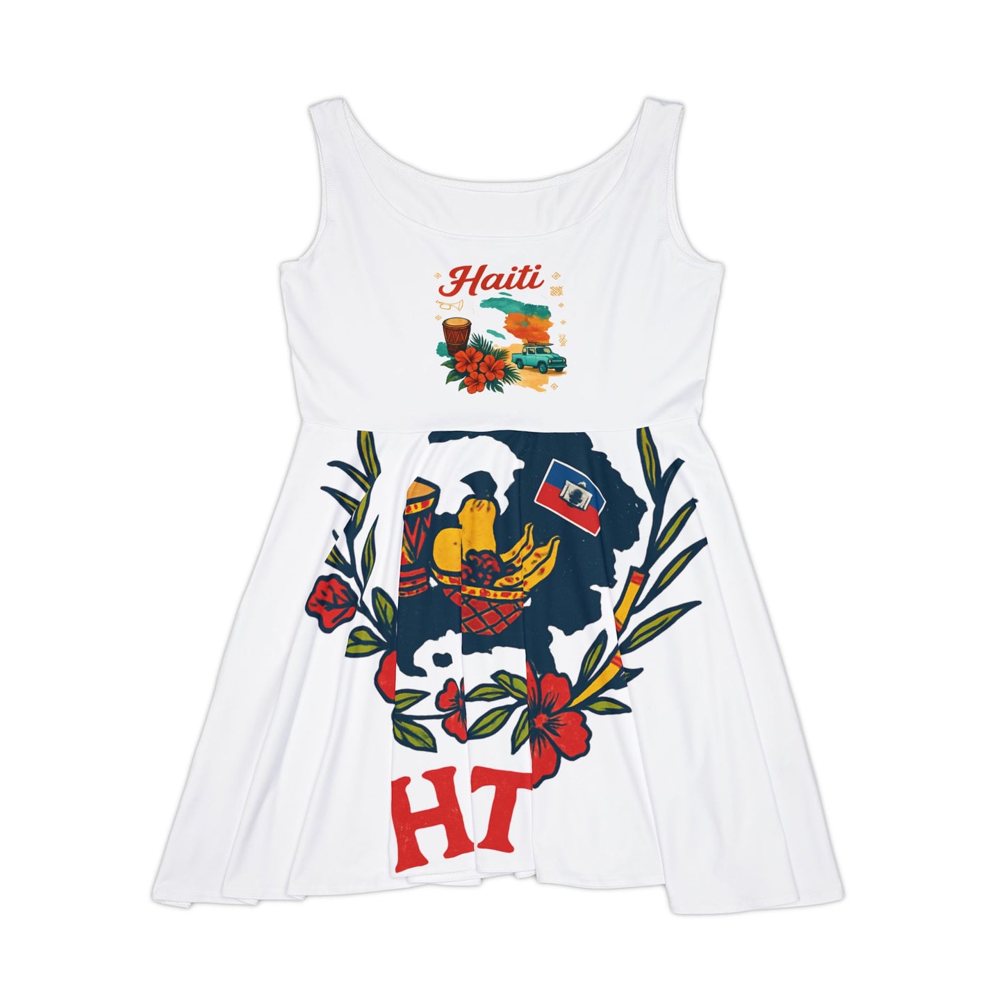 Haitian Floral Skater Dress, Vibrant Summer Dress, Women's Casual Dress, Vacation Outfit, Beachwear, Festival Clothing