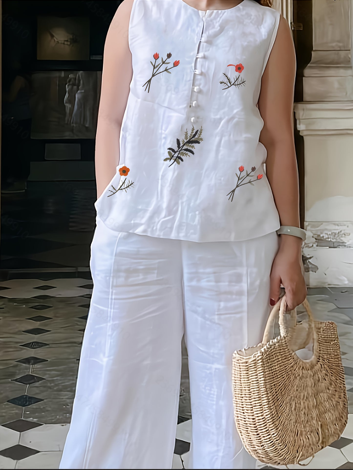 🐉 Chinese Style Embroidered Two-Piece Set for Women - Breathable Vest & Elegant Pants