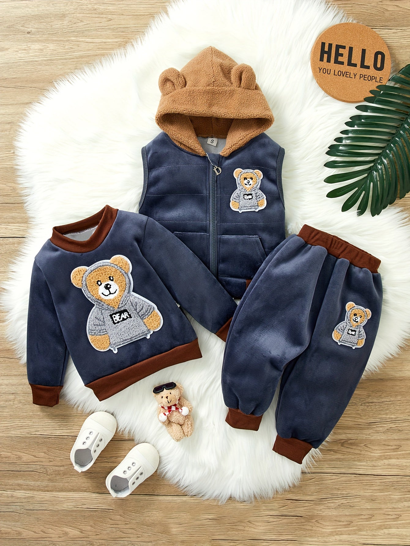 🐻 HIBOBI 3-Piece Toddler Boy's Fleece Sweater Set: Bear Embroidered Padded Hoodie, Long Sleeve Shirt & Pants (Cozy Fall/Winter Outfit)