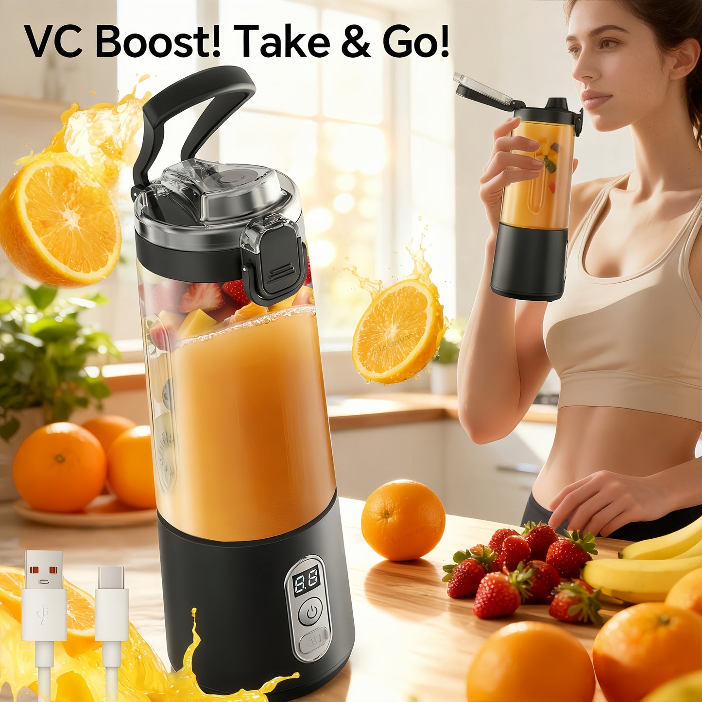 🥤 3-in-1 Portable USB Blender & Juicer: Handheld, 6-Blade System, Digital Display (40-Second Quick Blend for Smoothies & Shakes)