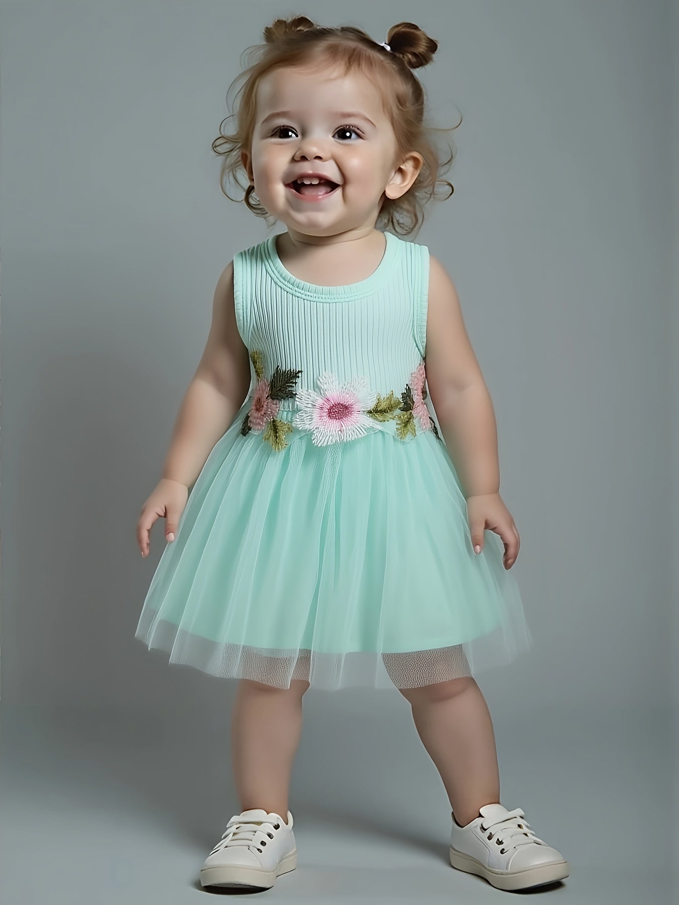 ☀️ Infant & Toddler Girl's Summer Vest Dress: Floral Waist Decor, Round Neck Casual Style