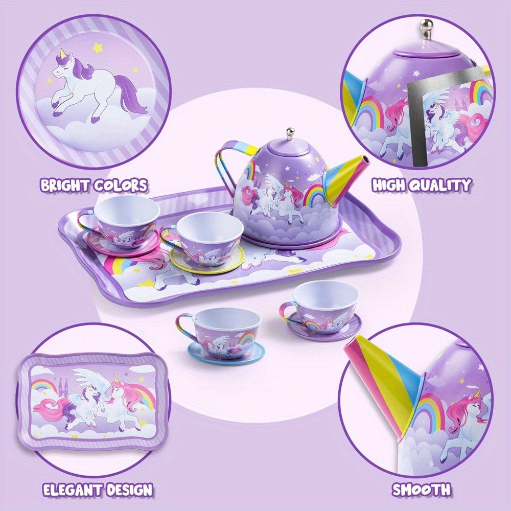 🦄 Unicorn Princess Tea Party Set: Purple Tin Teapot, Cups, and Plates - Pretend Play Kitchen Toys (Perfect Birthday/Christmas Gift for Little Girls)