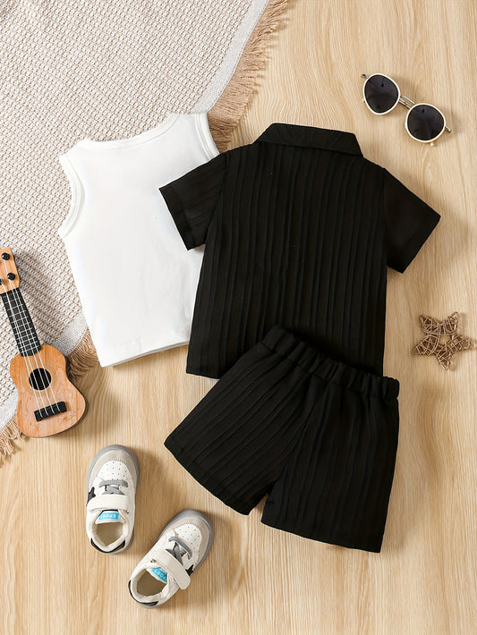 Baby Boys' 3pc Summer Outfit Set: Wave Collar Shirt, Tank & Shorts (3-12M)