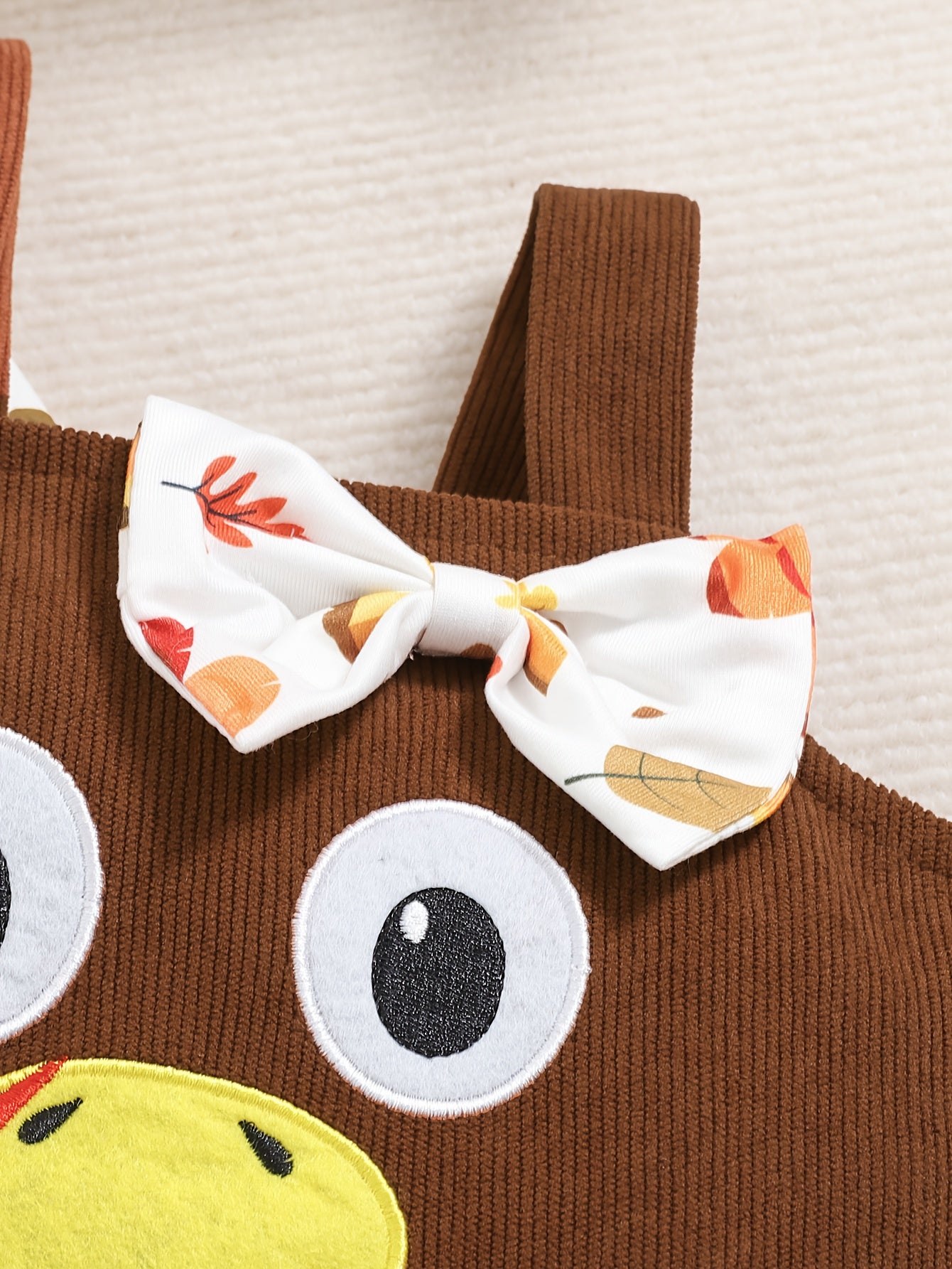 🦃 Baby Girl's 2-Piece Thanksgiving Outfit: Turkey Print Long-Sleeve Crewneck Top & Brown Bowknot Embroidered Pinafore Dress