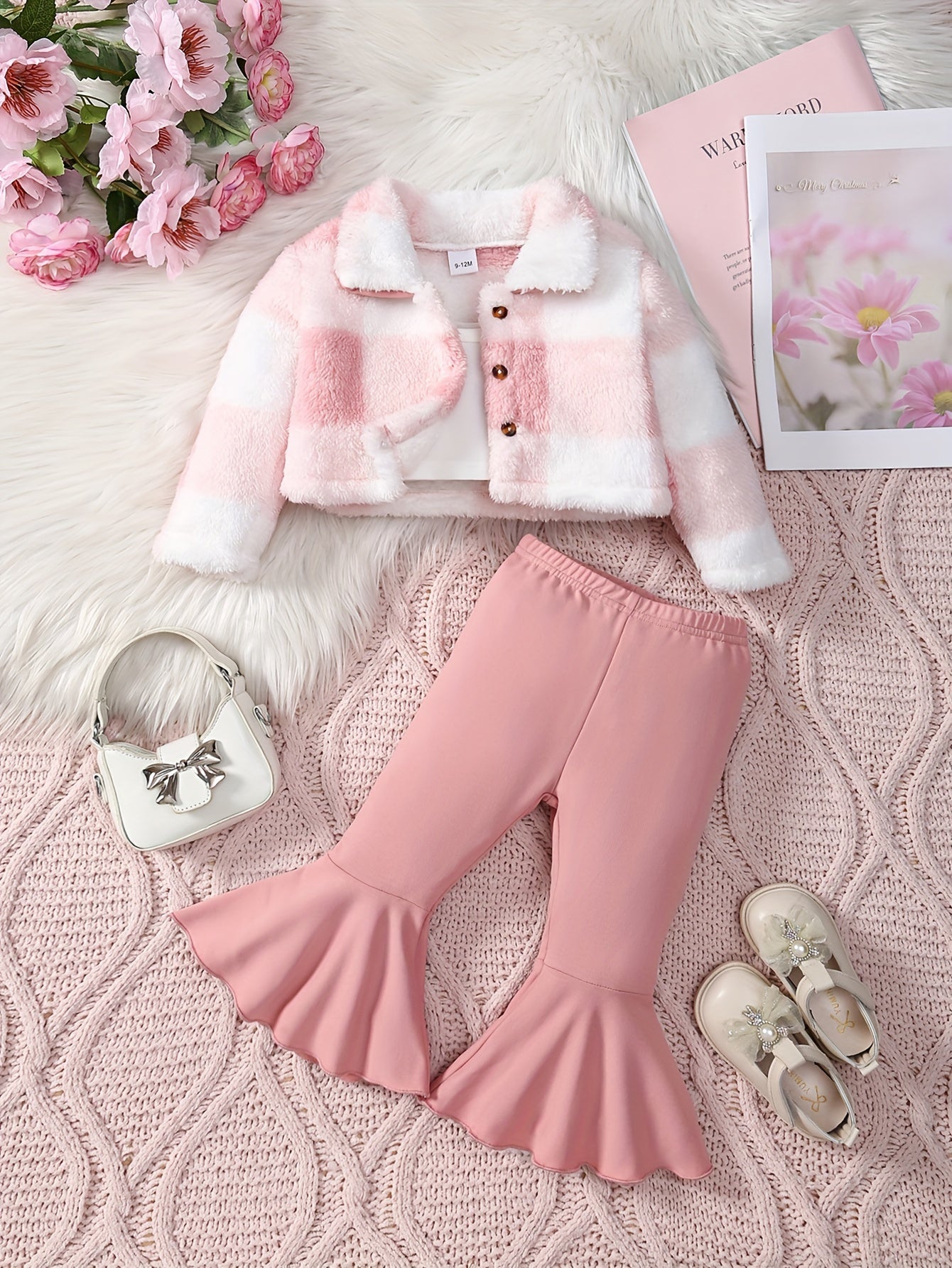 3pc Baby's Fuzzy Plaid Jacket & Bell-Bottom Set