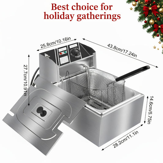 Electric Deep Fryer with Lid - Stainless Steel Single Tank Chip Fryer