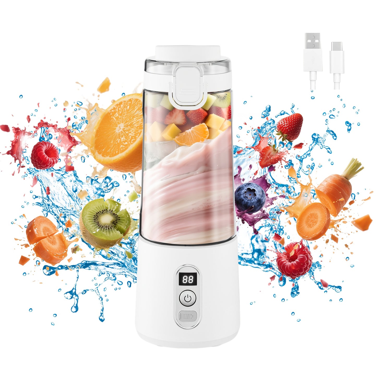 🥤 3-in-1 Portable USB Blender & Juicer: Handheld, 6-Blade System, Digital Display (40-Second Quick Blend for Smoothies & Shakes)