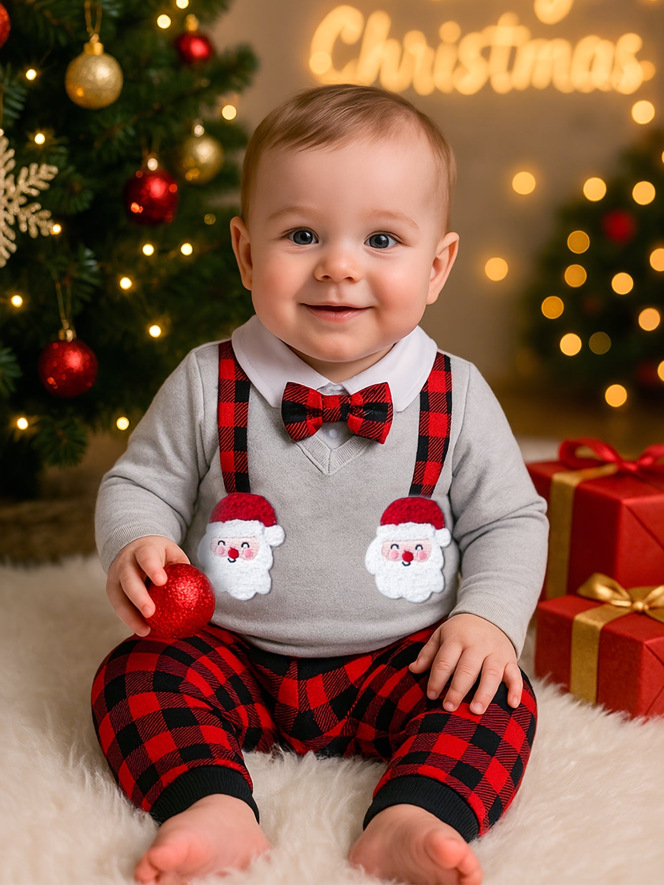 2pc Baby Christmas Romper Set with Bow Tie & Plaid