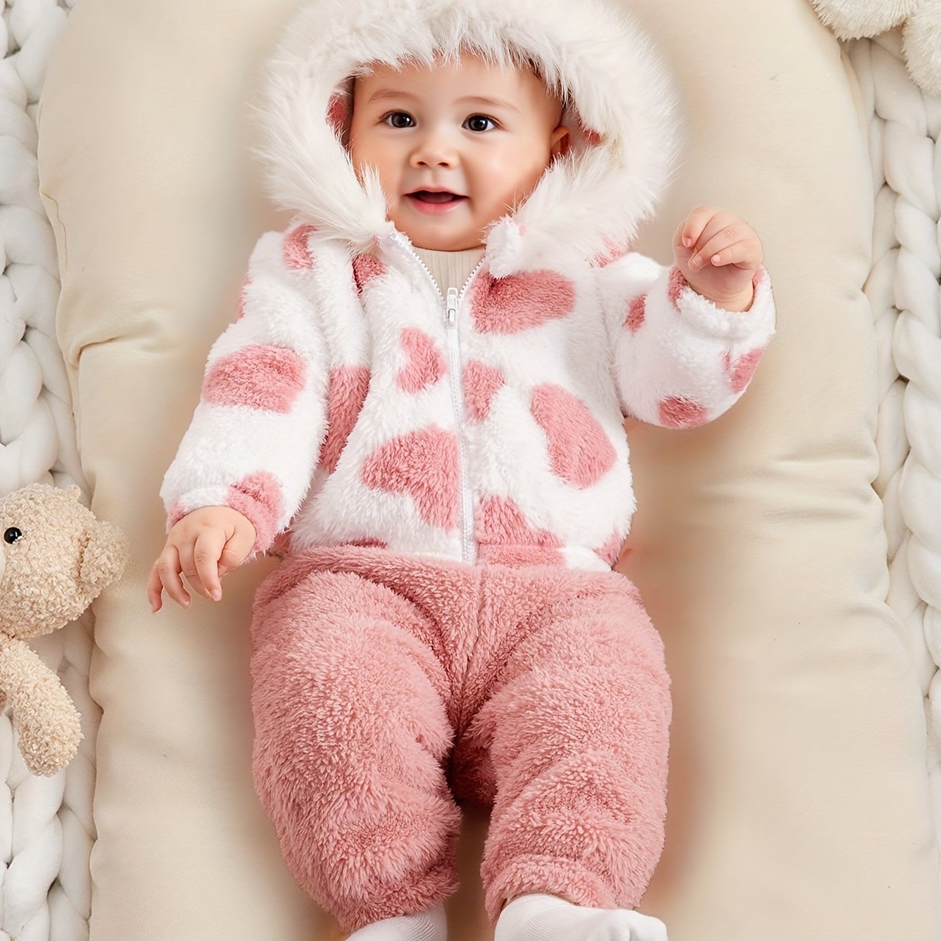 💖 Baby Girl's Warm 2-Piece Winter Set: Plush Heart-Patterned Fleece Hooded Jacket (Fur Zipper Outerwear) & Elastic Waist Warm Pants