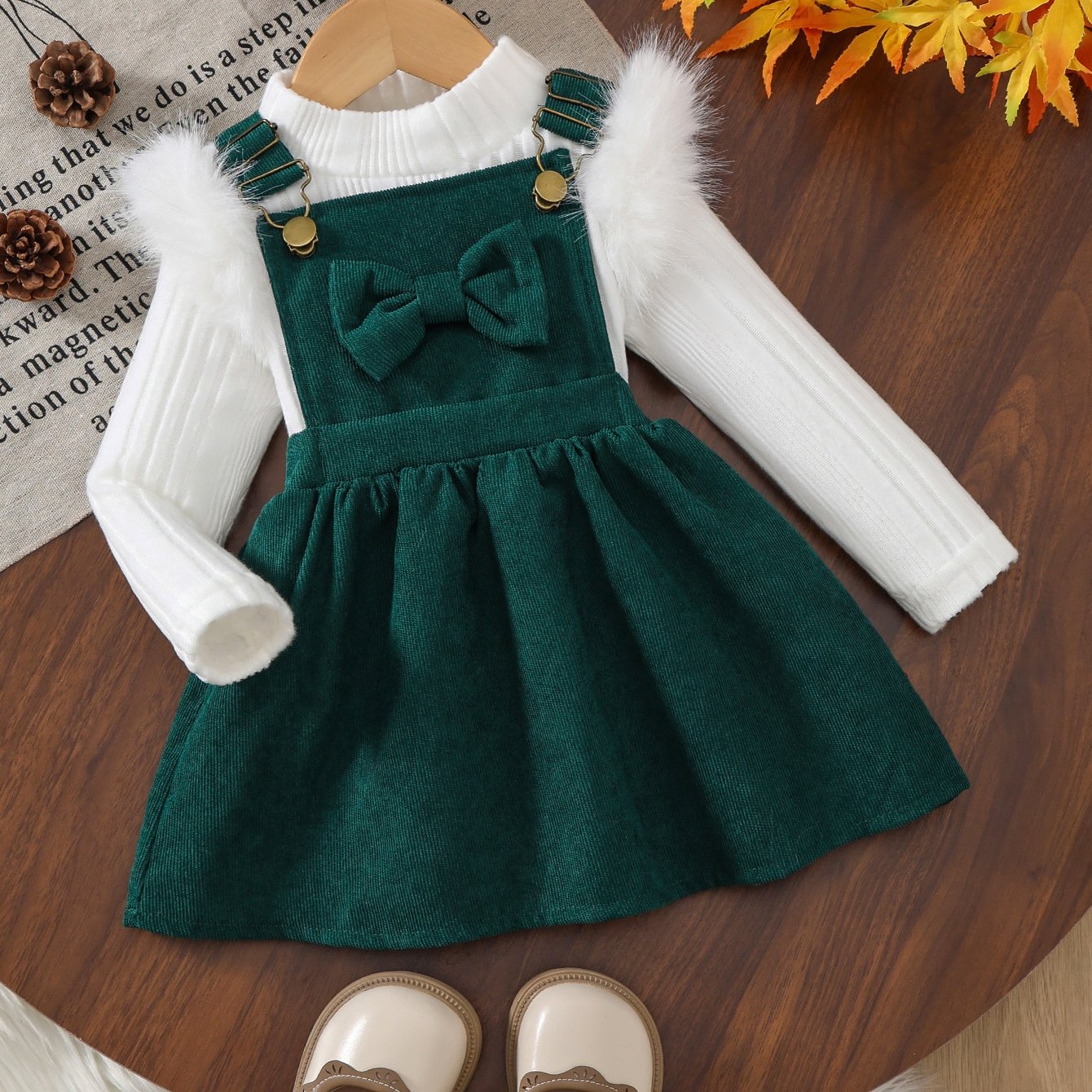 2pc Fluffy Sleeve Smock Dress Winter Set