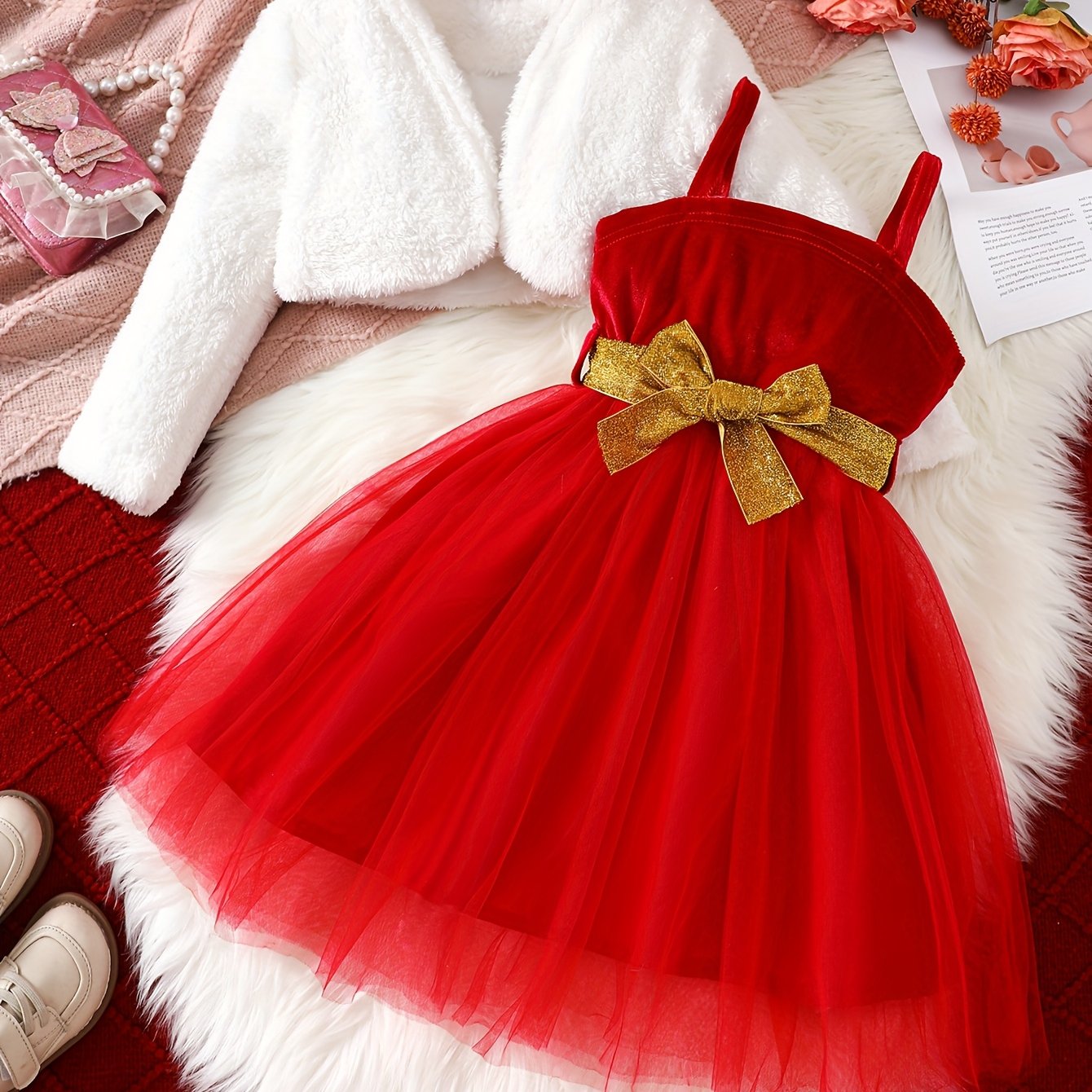 2pc Girls' Furry Coat & Spaghetti Strap Mesh Dress Set