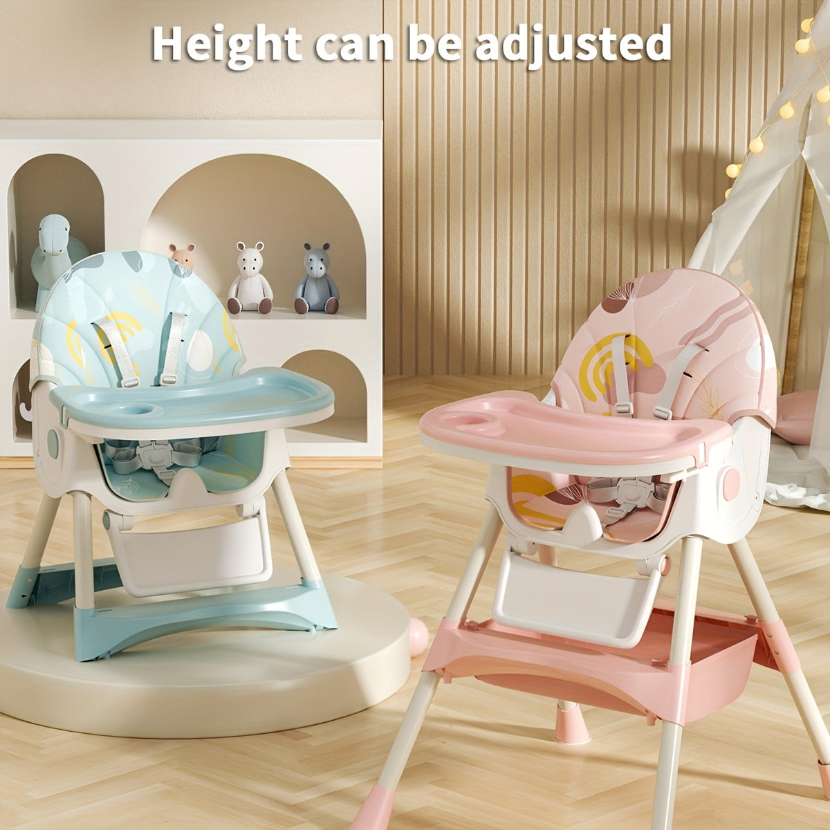 Portable Adjustable High Chair for Youngsters | Multi-Functional Booster Seat with 5-Point Harness & Tray | Blue & White PU Leather