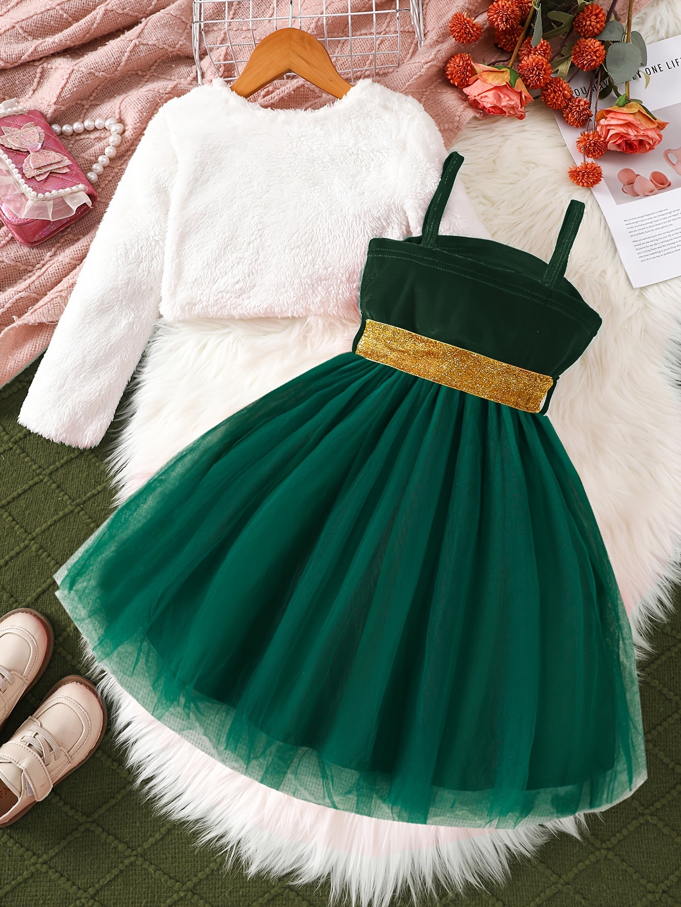 2pc Girls' Furry Coat & Spaghetti Strap Mesh Dress Set