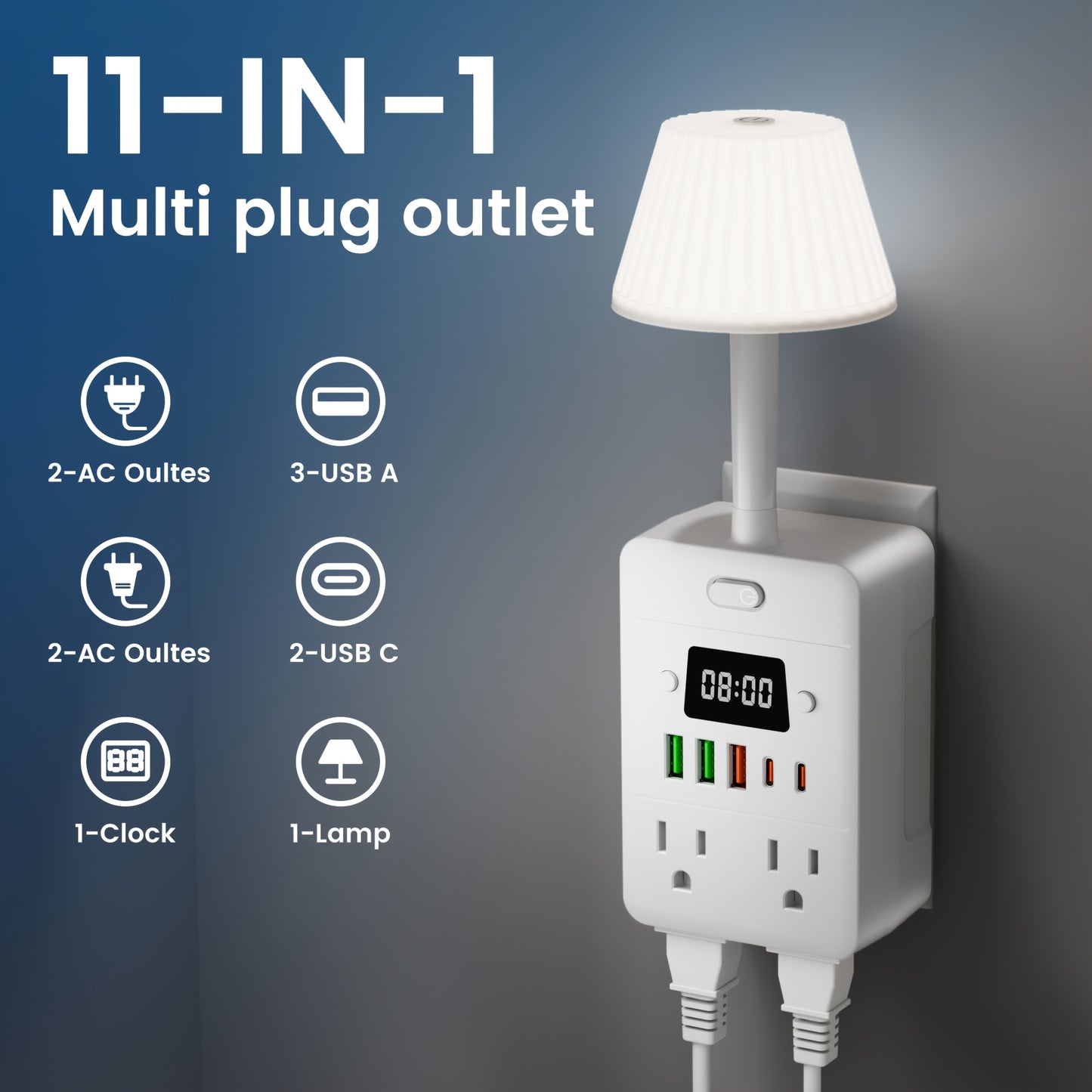 11-in-1 Power Strip with Clock, Desk Lamp & Overload Protection