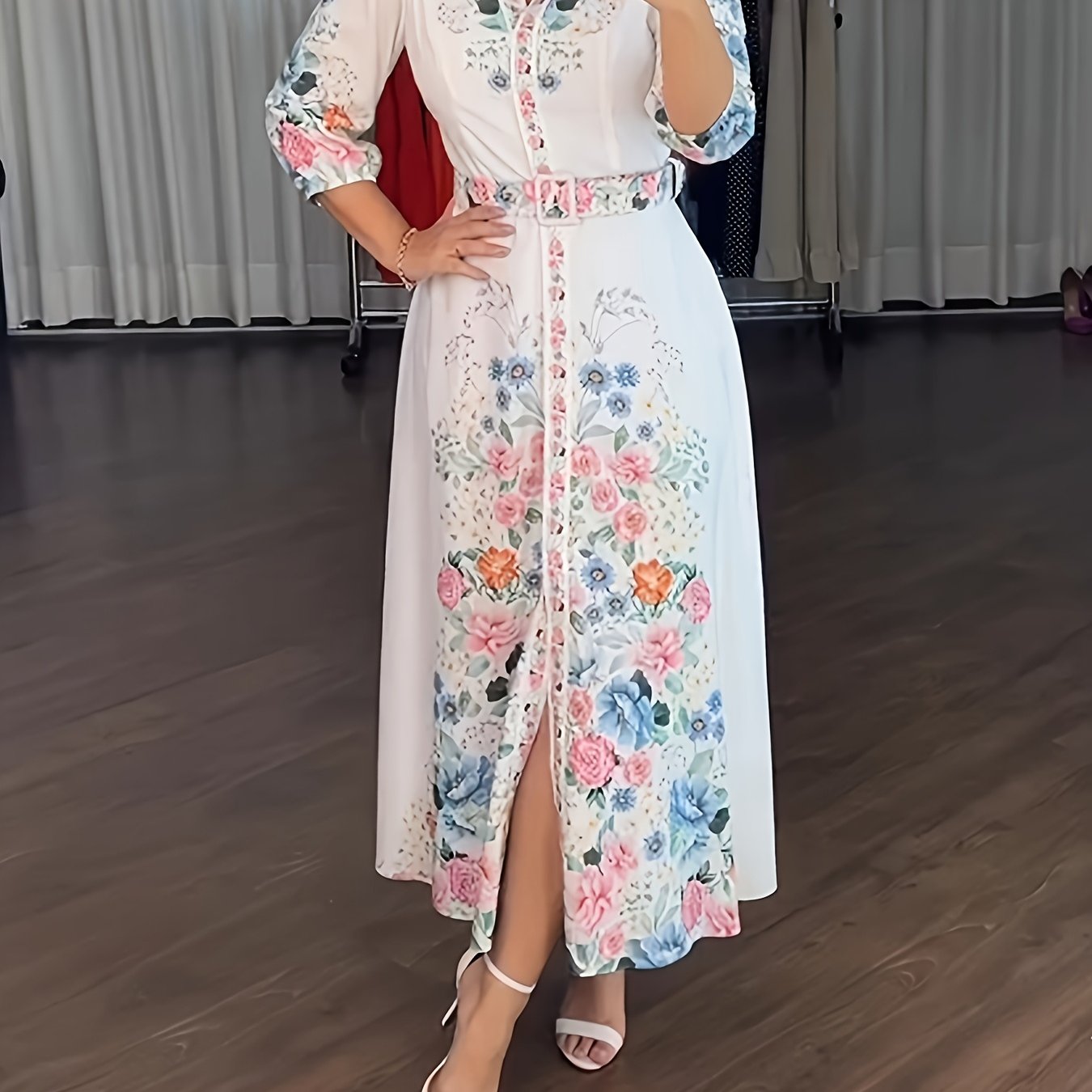 🌸 Elegant Floral Print Midi Dress: Belted Waist, Three-Quarter Sleeves (Lightweight Polyester, Spring/Fall Women's Fashion)