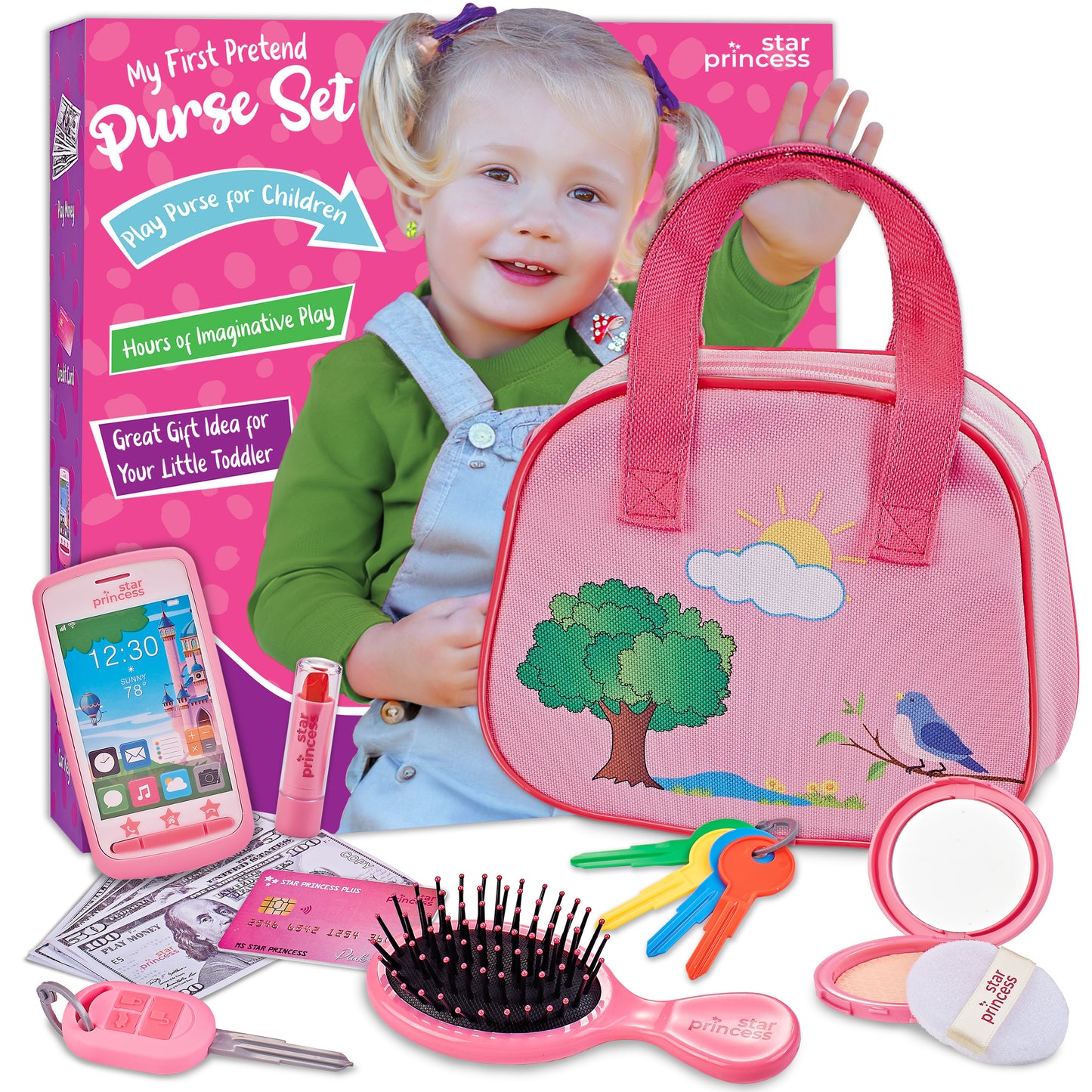 Play Purse Set for Toddlers with Pretend Makeup & Smartphone