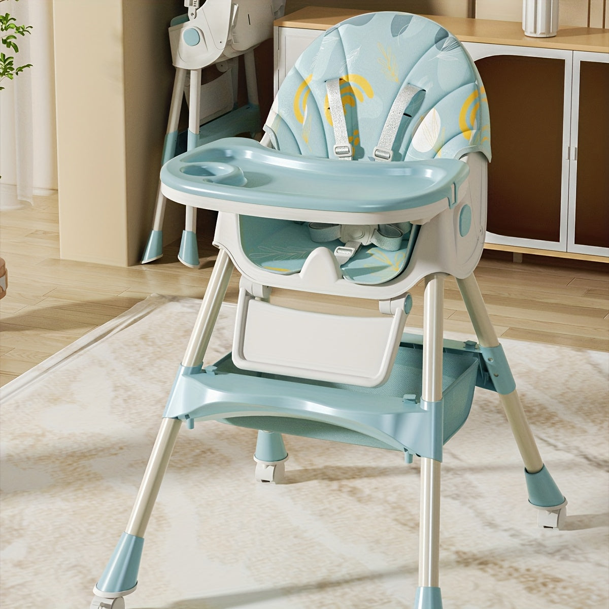 Portable Adjustable High Chair for Youngsters | Multi-Functional Booster Seat with 5-Point Harness & Tray | Blue & White PU Leather